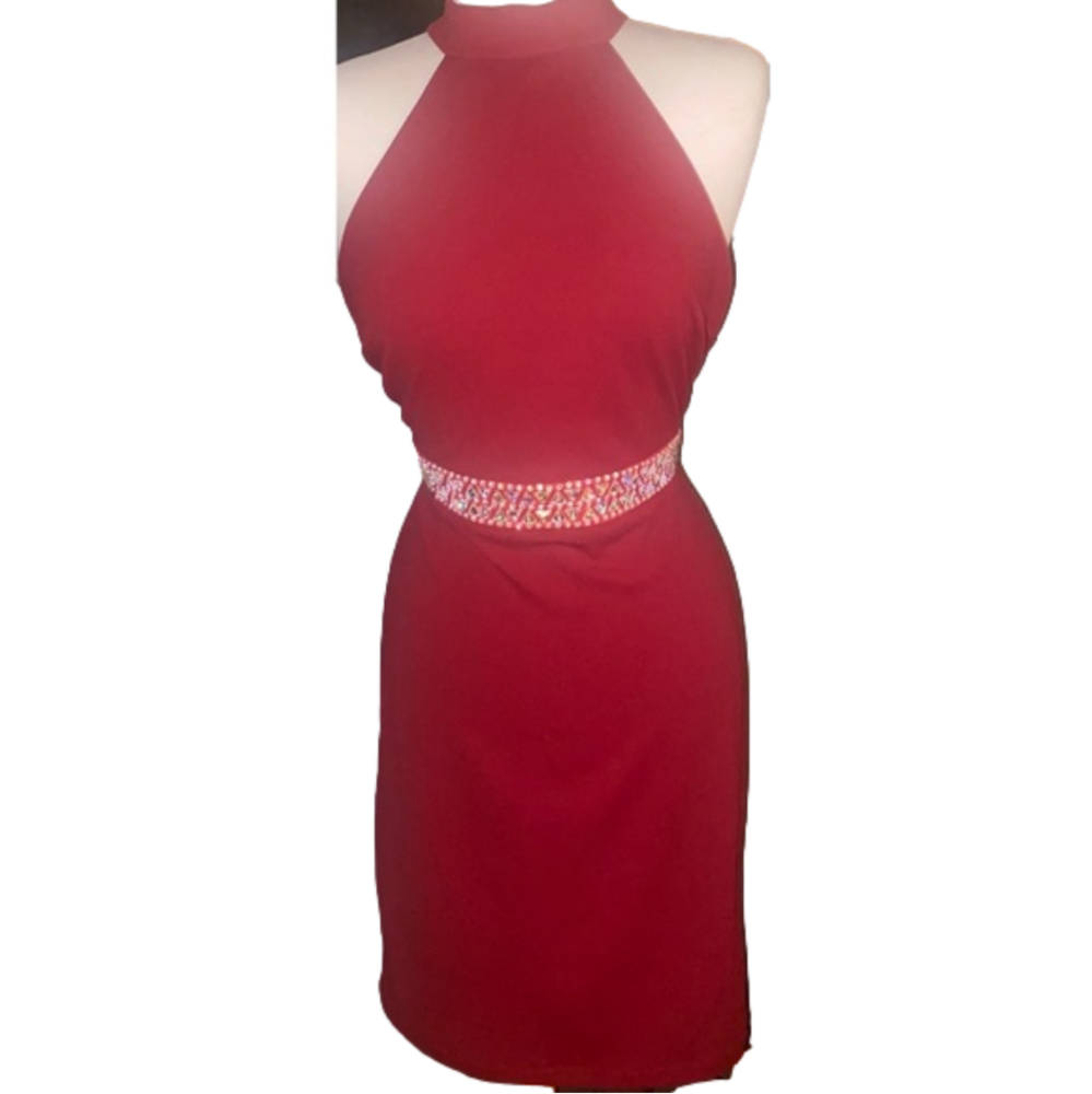 Rebecca B Elegant Midi Dress w/ AB Crystal Accent